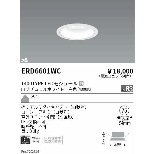 遠藤照明 浅型ダウンライト(ユニット別売)ERD6601WC 工事必要 : アート