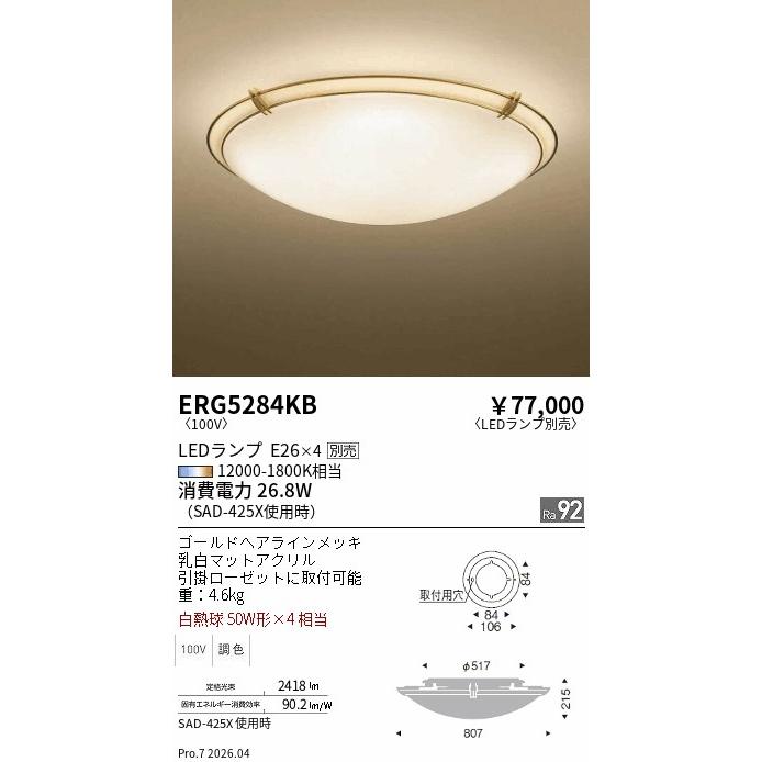 遠藤照明 シーリングライト ランプ別売 無線調光 ERG5284KB : アート