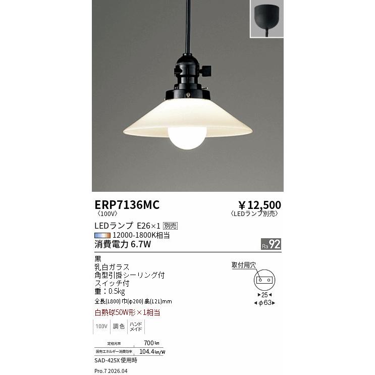 遠藤照明 ペンダント(ランプ別売)ERP7136MC : アートライティング