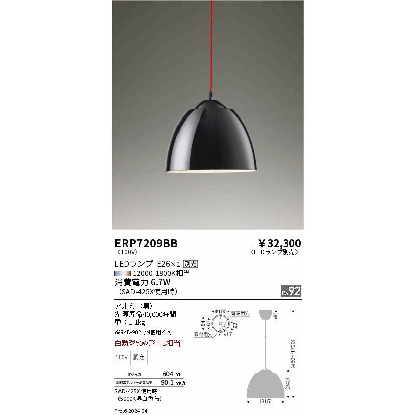 遠藤照明 ペンダント ランプ別売 無線調光 ERP7209BB 工事必要