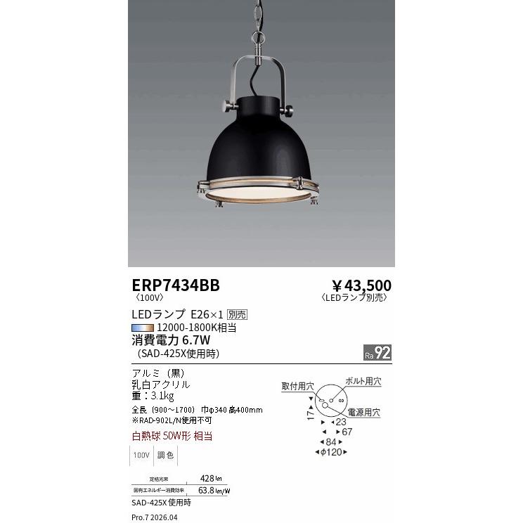 遠藤照明 ペンダント ランプ別売 無線調光 ERP7434BB 工事必要