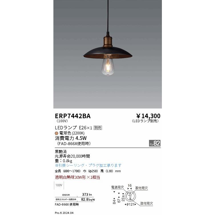 遠藤照明 ペンダント ランプ別売 無線調光 ERP7442BA 工事必要の画像