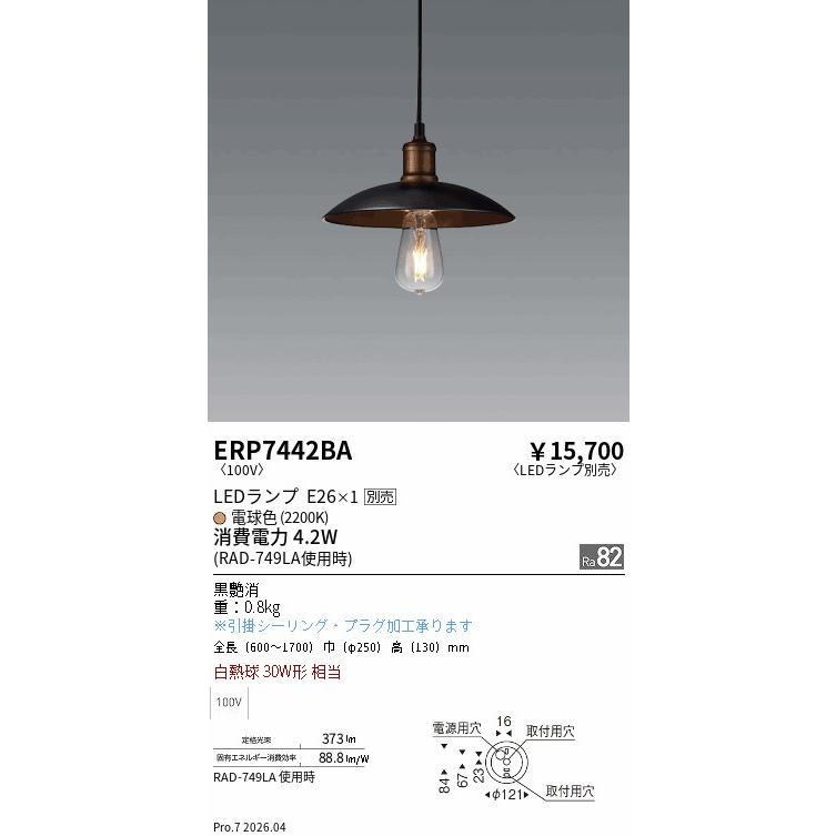 遠藤照明 ペンダント ランプ別売 無線調光 ERP7442BA 工事必要_1