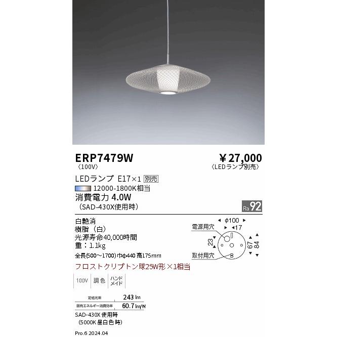 遠藤照明 ペンダント ランプ別売 ERP7479W 工事必要 : アート