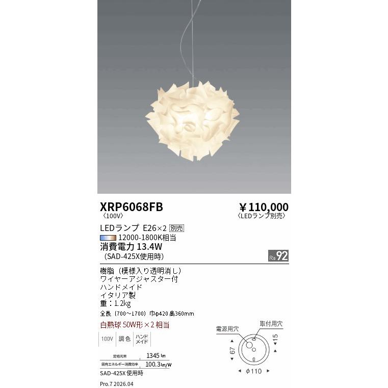遠藤照明 ペンダント ランプ別売 XRP6068FB 工事必要 : アート