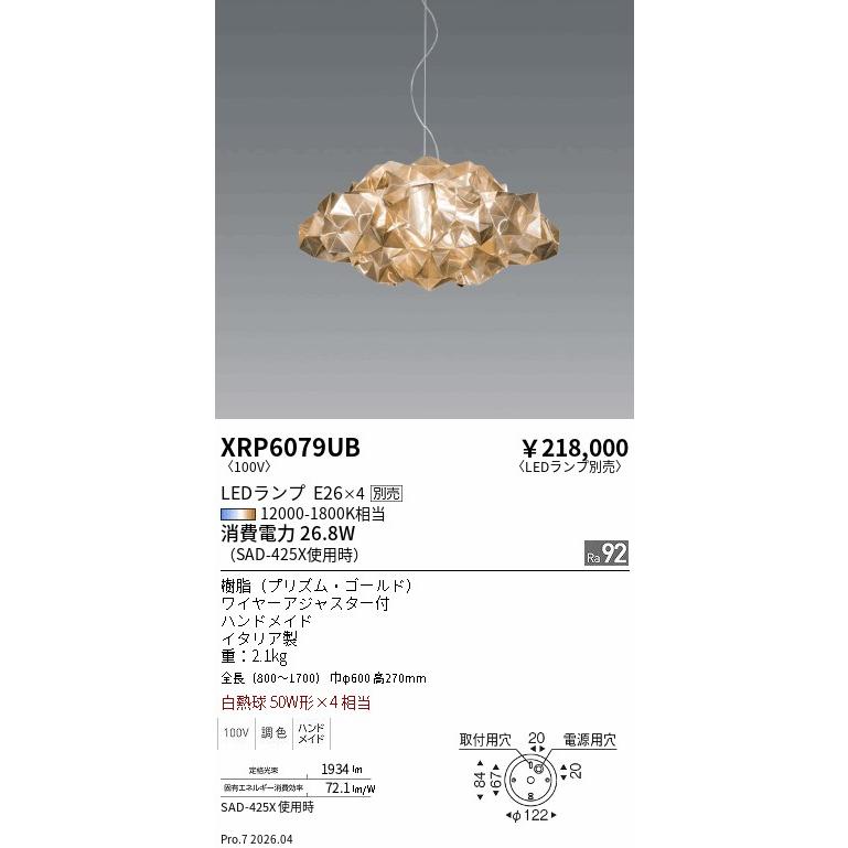 遠藤照明 ペンダント ランプ別売 XRP6079UB 工事必要 : アート