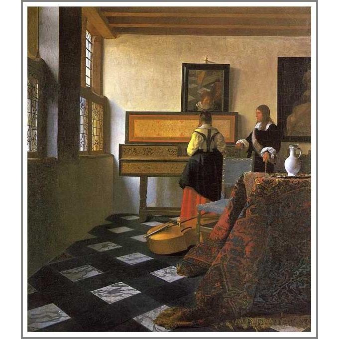 複製画 送料無料 絵画 フェルメール展 油絵 模写　フェルメール「音の稽古」F15(65.2×53.0cm)プレゼント 贈り物 名画 オーダーメイド 額付き 直筆