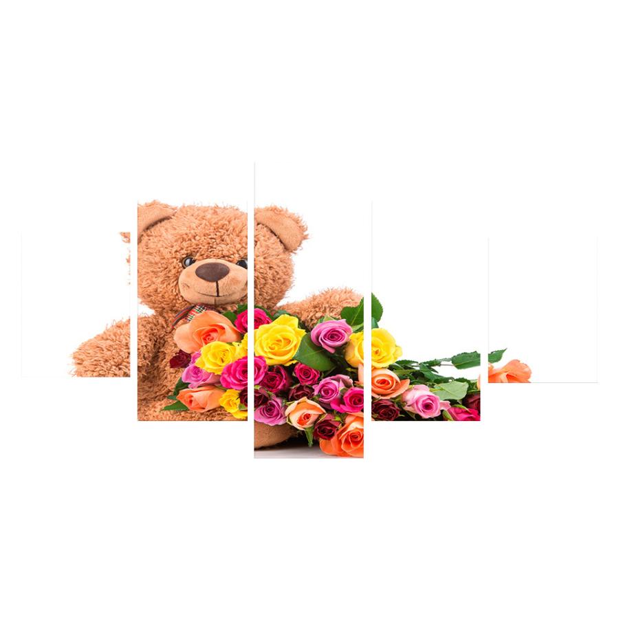 絵画 インテリア アート パネル クマ テディベア 花 リビング 装飾 マルチカラー 5パネル 全幅100cm