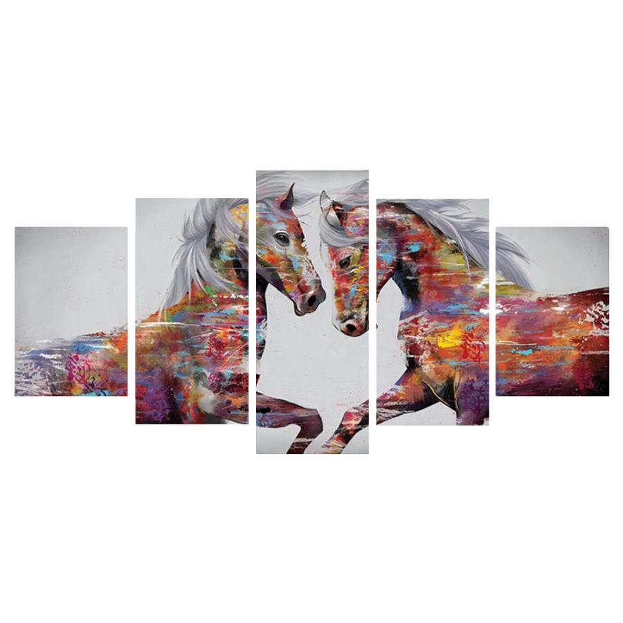 絵画 インテリア アート パネル 装飾 動物 馬 ホース カラフル 5パネル 全幅150cm