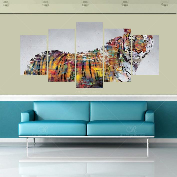 国内即発 VIPにて 絵画 インテリア アート パネル 装飾 動物 虎 タイガー カラフル 5パネル 全幅150cm