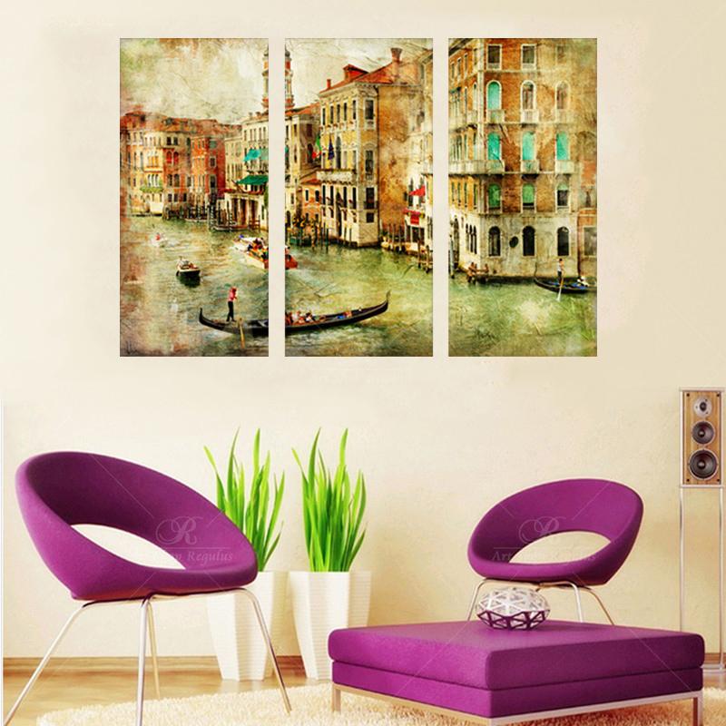 絵画 インテリア アート パネル 装飾 川 街並み 船 セピア 3パネル