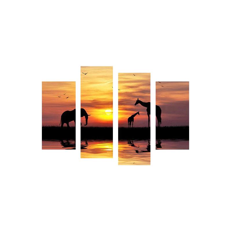 絵画 インテリア アートパネル ４ピース 動物 オレンジ 夕日 全幅120cm