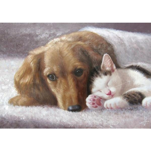 絵画 インテリア 洋画 壁掛け 長岡卓 ぼくたち なかよし F4号 油彩画 絵画 新品 犬 真筆 額付き 油絵 動物画 子猫 ネコ ねこ 犬 いぬ 新品 額付 絵画 動物画 油絵 アート ワイド