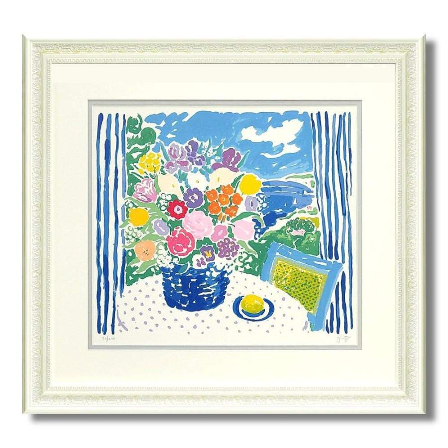 円 お見舞い 絵画 インテリア アート 壁掛け ジョン ボッチ アーンズ ブーケ シルクスクリーン 版画 風景画 花瓶 テーブル 窓辺 新品 限定0部 額付き 額装 額絵