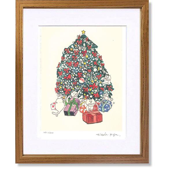 送料無料 絵画 版画 猫 久下貴史 ニャオンのクリスマス インテリア 値下げ