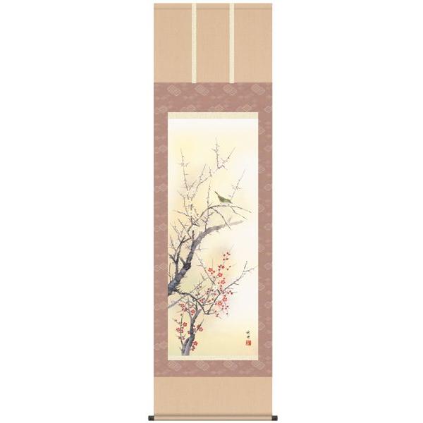 掛け軸 掛軸 春 田村竹世・紅白梅に鶯 尺五 花鳥画 床の間 桐箱畳紙納める 楽器、手芸、コレクション-掛け軸