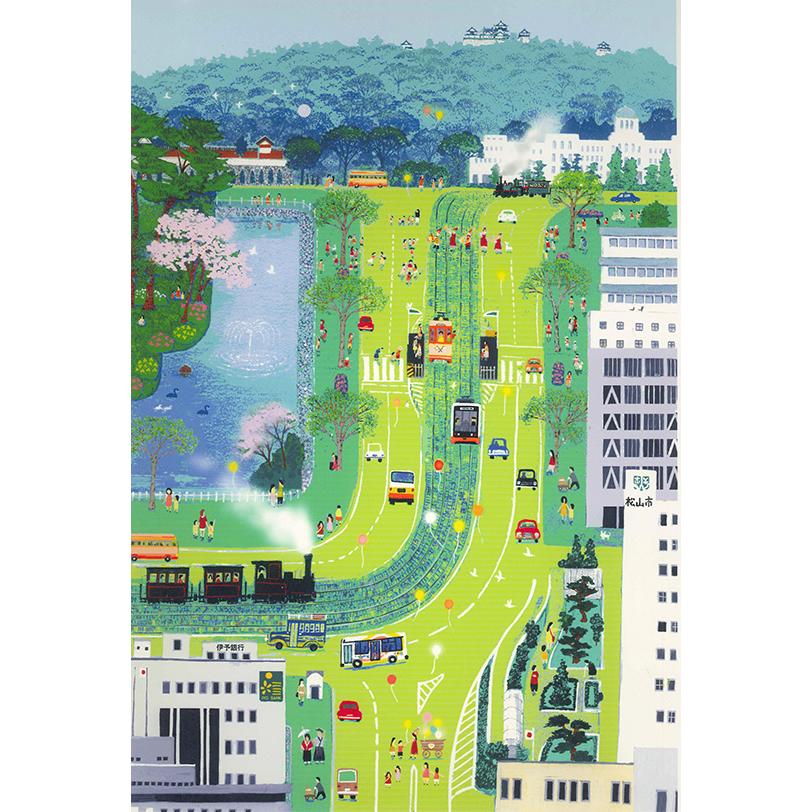 美品 吉岡浩太郎「夢走る城下まち」シルクスクリーン 直筆サイン入り 愛媛 松山城 絵画 吉岡浩太郎 汽笛が聞こえる城下町 版画 松山 インテリア : 絵画