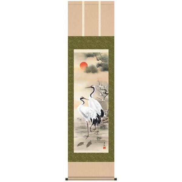 掛け軸 慶祝縁起画　戸塚翠漣・松竹梅鶴亀　床の間