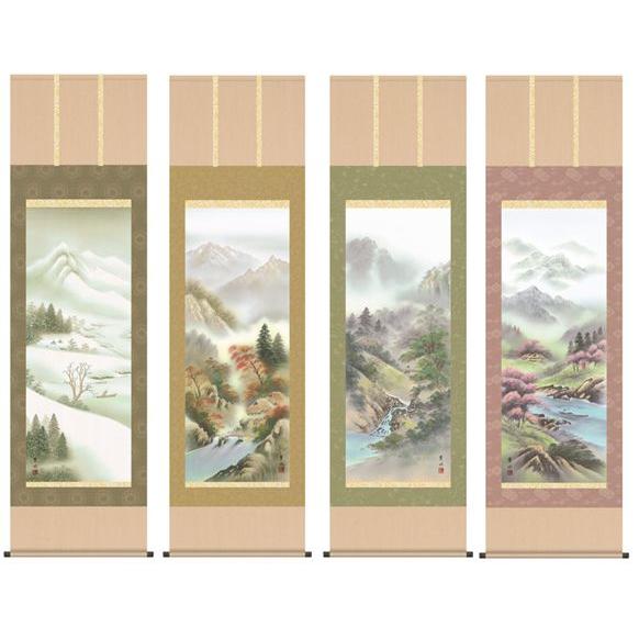 掛け軸  掛軸  山水　緒方葉水・四季山水 四幅揃い  尺五  桐箱畳紙収納  風鎮付き