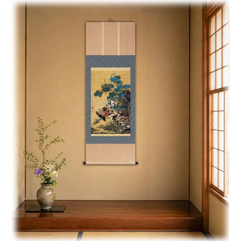 掛け軸 掛軸 伊藤若冲（いとうじゃくちゅう）・紫陽花双鶏図（あじさい