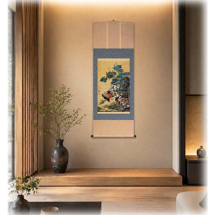 掛け軸 掛軸 伊藤若冲（いとうじゃくちゅう）・紫陽花双鶏図（あじさい