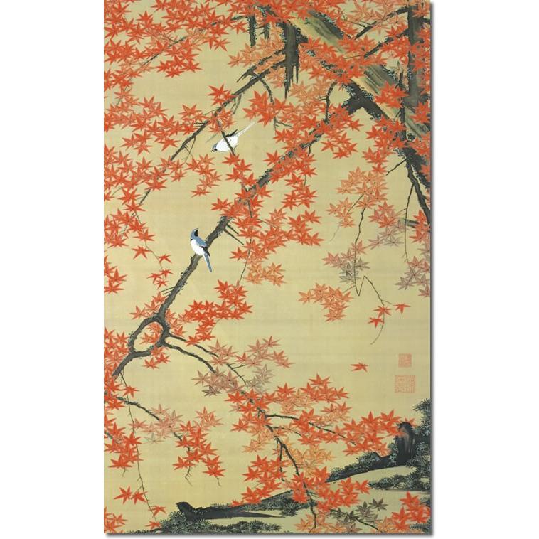 掛け軸 掛軸 伊藤若冲（いとうじゃくちゅう）・紅葉小禽図（こうよう