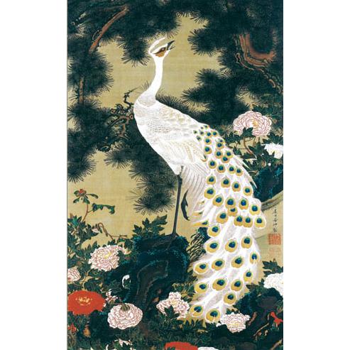 掛け軸 掛軸　伊藤若冲（いとうじゃくちゅう）・老松孔雀図 （ ろうしょう くじゃく ず ）　尺五　名作品　桐箱畳紙収納　 |  | 01