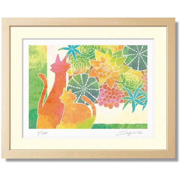 藤谷壮仁郎・ネコの置物と多肉植物寄せ植え（絵画・版画）