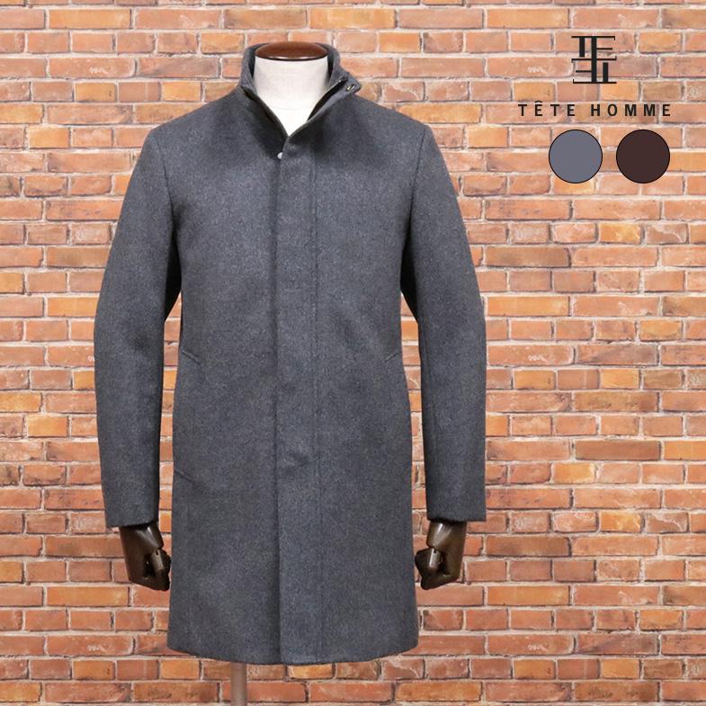 秋冬 TETE HOMME ステンカラーコート カシミヤ混ビーバー 無地  