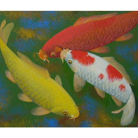 絵画 油絵 竹内敏彦 肉筆油絵 動物画 遊鯉 F8 送料無料 : アートフジ