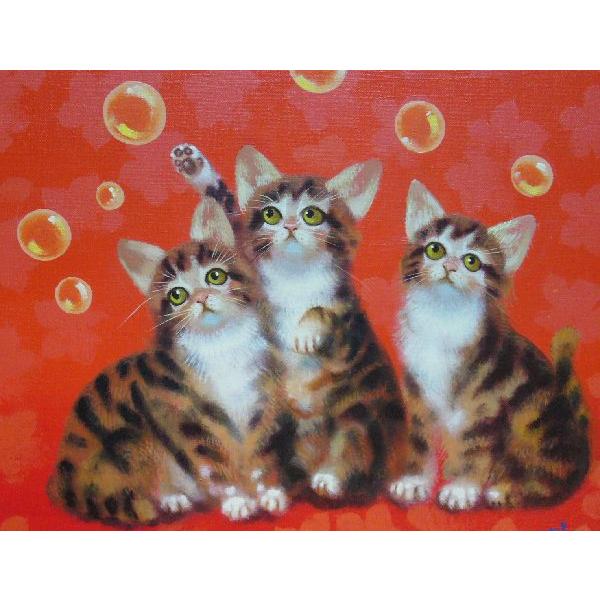 絵画 油絵 竹内敏彦 肉筆油絵 動物画 シャボン玉と猫 絵画 油絵 竹内敏彦 肉筆油絵 動物画 シャボン玉 子猫 F8