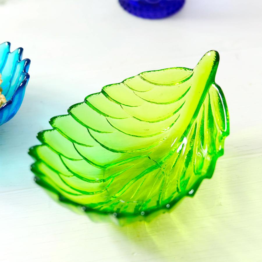 フラワー型ガラスボウル グリーンイエロー グラデーションが美しい グリーンガラスボウルセット ガラスの器
