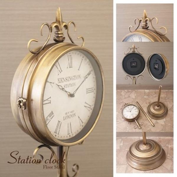 両面時計 ステーションクロック フロアスタンド 家具 インテリア