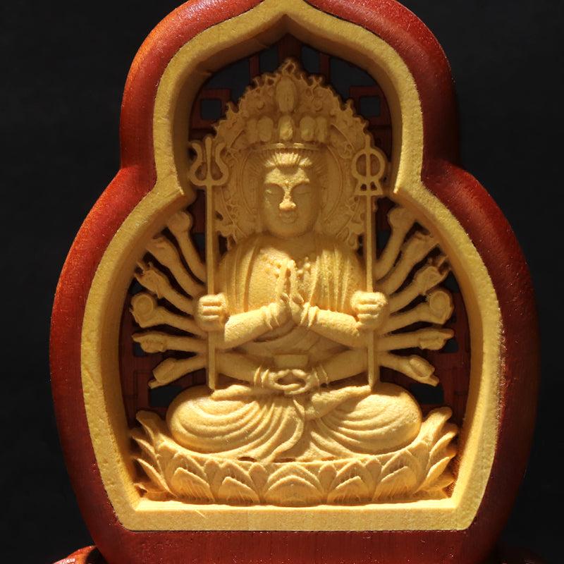 彫り物 八尊仏(千手観音) 柘植製 約7×4×8cm インテリア インテリア雑貨