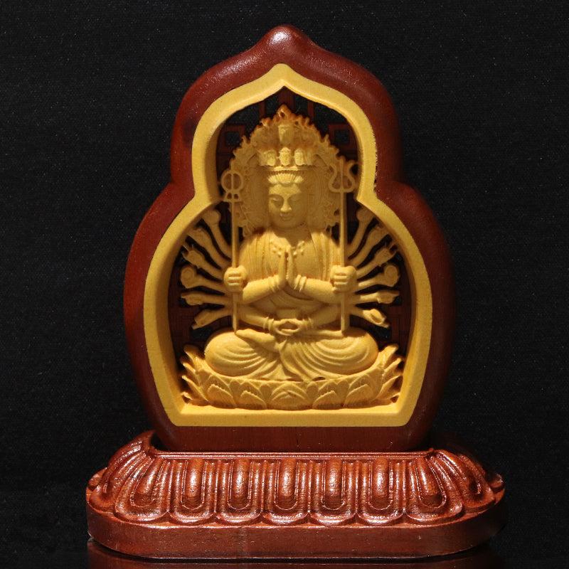 彫り物 八尊仏(千手観音) 柘植製 約7×4×8cm インテリア インテリア雑貨