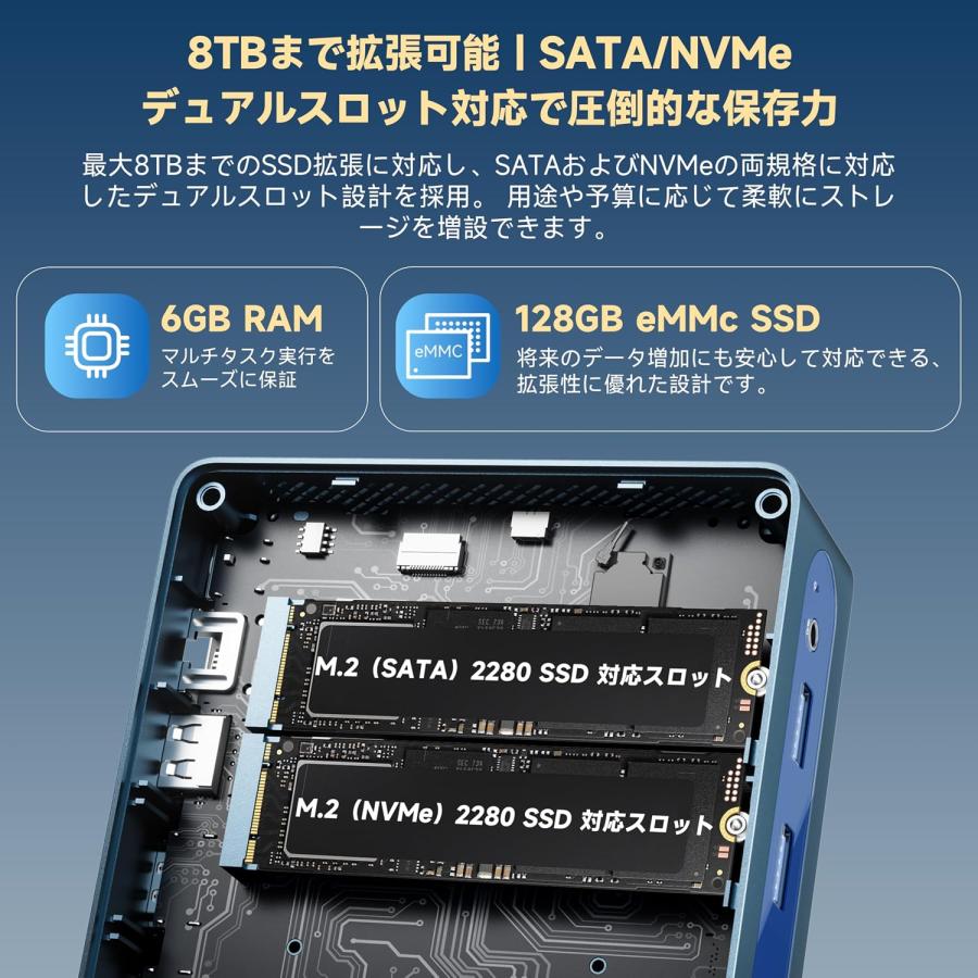 ミニpc Celeron J3455 6GB 128GB SSD mini pc 10W 省電力 ミニパソコン 高速2.4G/5G Wi-Fi BT4.2 4K@60Hz 最大2.3GHz USB 3.0搭載 |  | 02