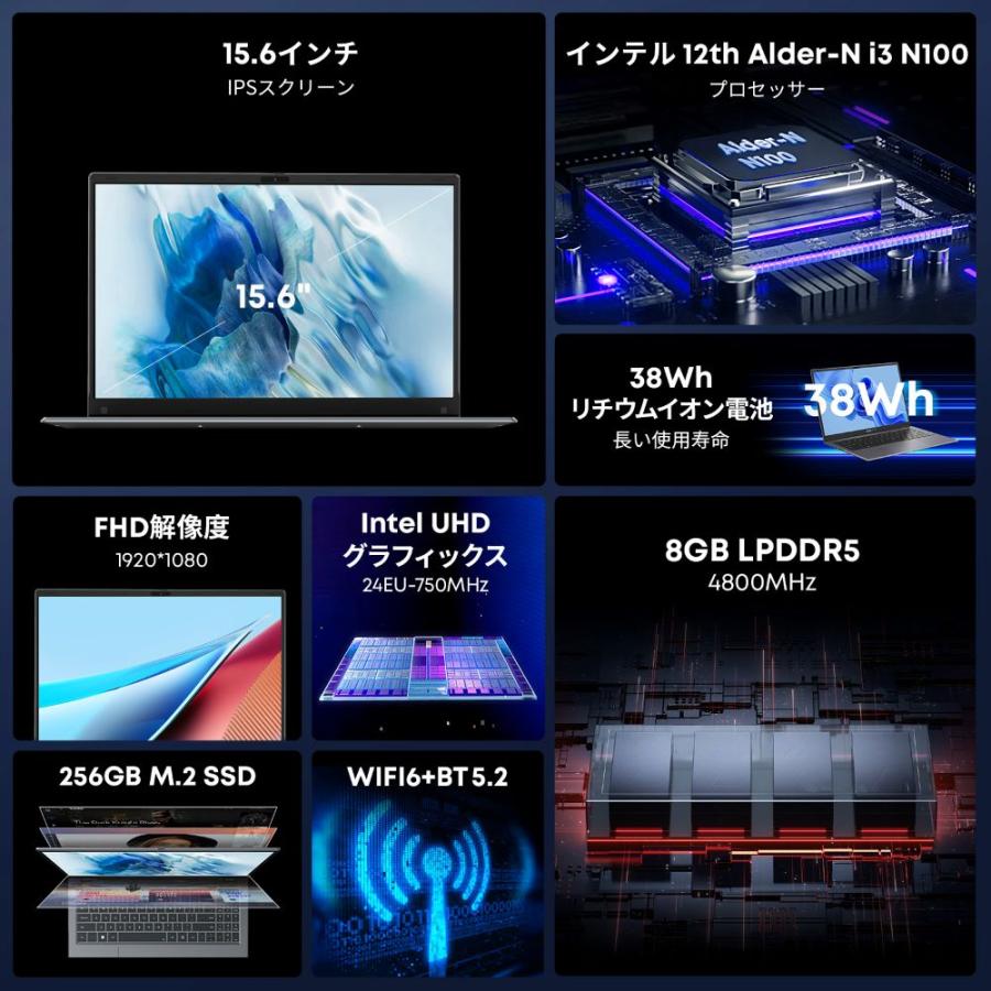 爆買 WPS Office付き ノートパソコンCHUWI win11 GemiBook Plus 15.6インチ FHD 第12世代 N100ノートPC  8GB+256GB 1920*1080 16:9 プレゼント | CHUWI | 02