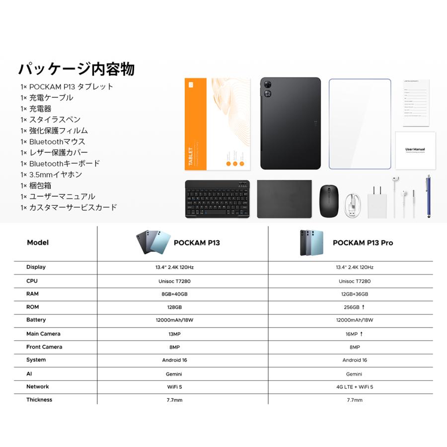 【50%OFFクーポン対象】P13 Android16 タブレット 13インチ 大画面 Wi-Fiモデル 120Hz 2.4K 48GB+128GB 2TB拡張 T620 8コア 12000mAh Widevine L1 顔認証 |  | 16