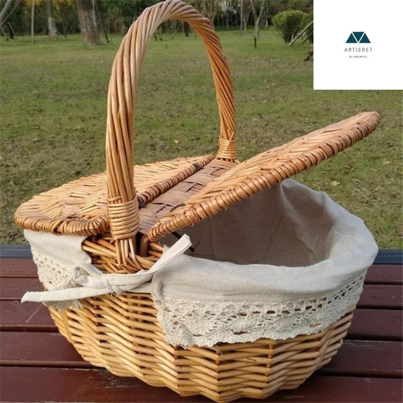 ピクニックバスケット 蓋付き レース 籐 かご バスケット かわいい