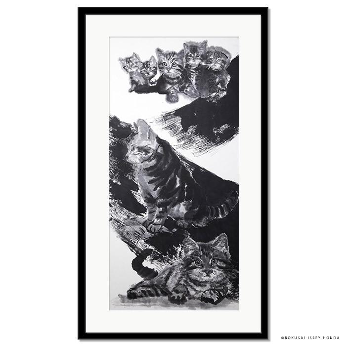 水墨画 ネコ「夢想」猫 絵画 インテリア 額入り 壁掛け 縦長 水墨画 ネコ「夢想」猫 絵画 インテリア 額入り 壁掛け 縦長