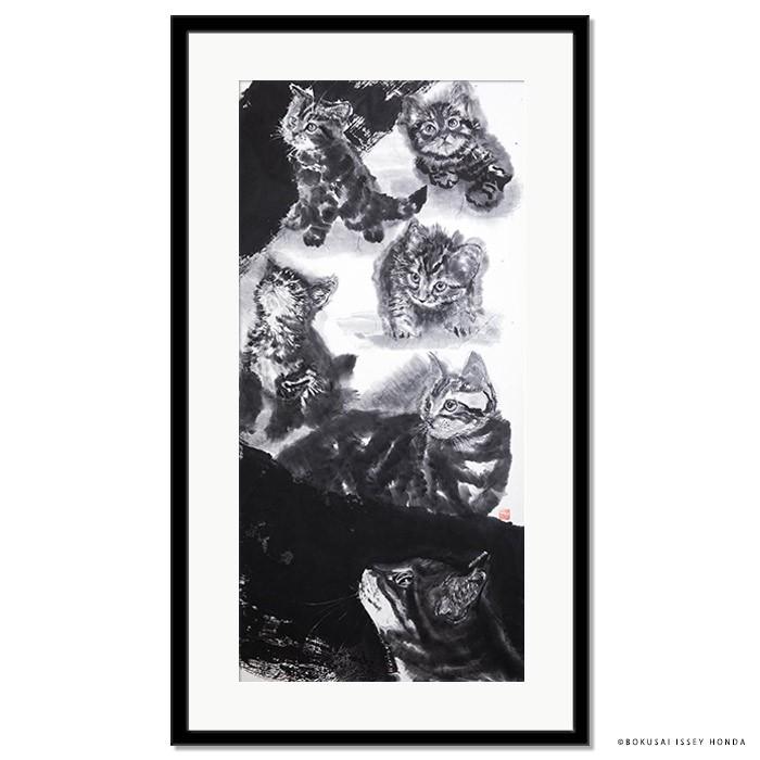 水墨画 猫「夢想」 絵画 ネコ 壁掛け インテリア 105cmx60cm 縦長