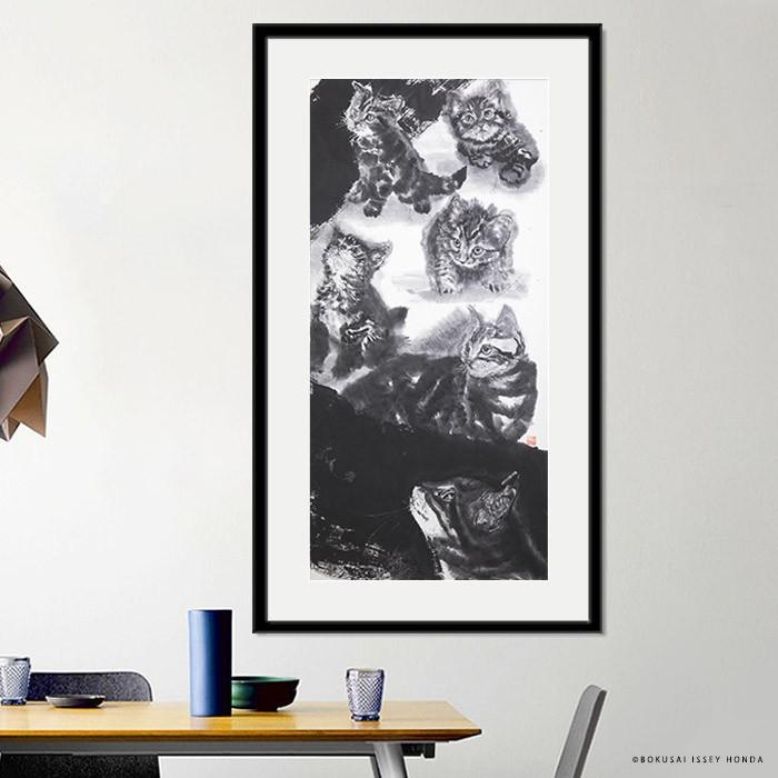 水墨画 猫「夢想」 絵画 ネコ 壁掛け インテリア 105cmx60cm 縦長