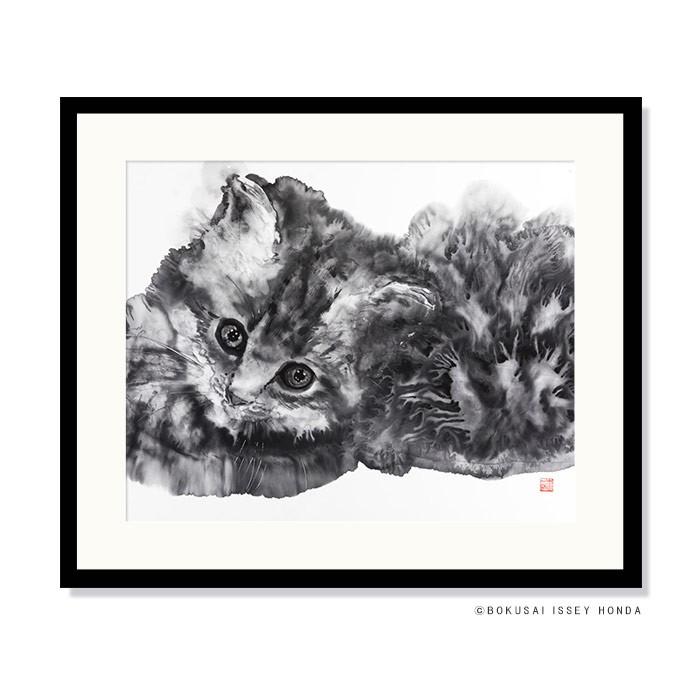 絵画 猫「陽だまり 2」ネコ 水墨 85cm×72cm モノクロ 額付き 応接間 風水 運気 シック 本田一誠 日本｜artjp