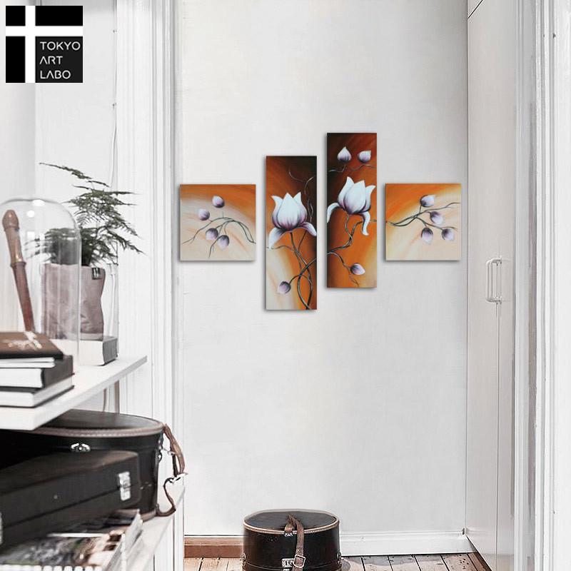 絵画 花 ハスの花 4枚組 アートパネル 油絵 玄関 リビング 壁飾り