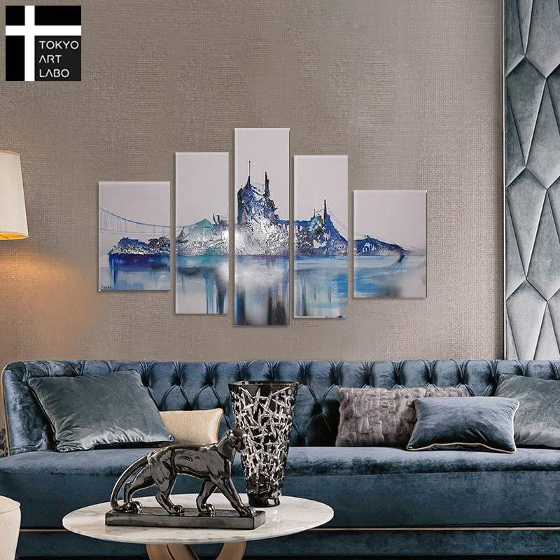 絵画 城 おしゃれ 壁掛け 絵 インテリア 「孤島の城郭 油絵 5枚組 青系