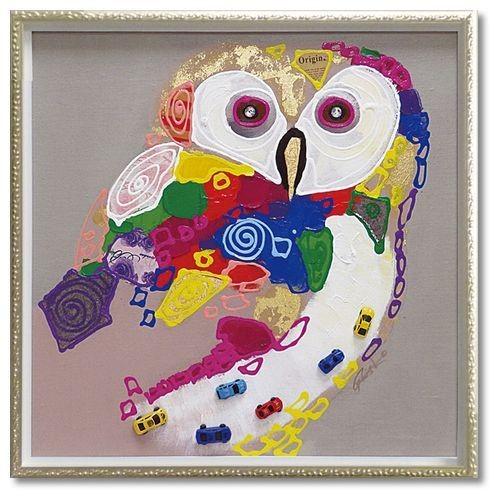 絵画 額入り フクロウ(COLORFUL OWL)W63xH63cm ふくろう_1