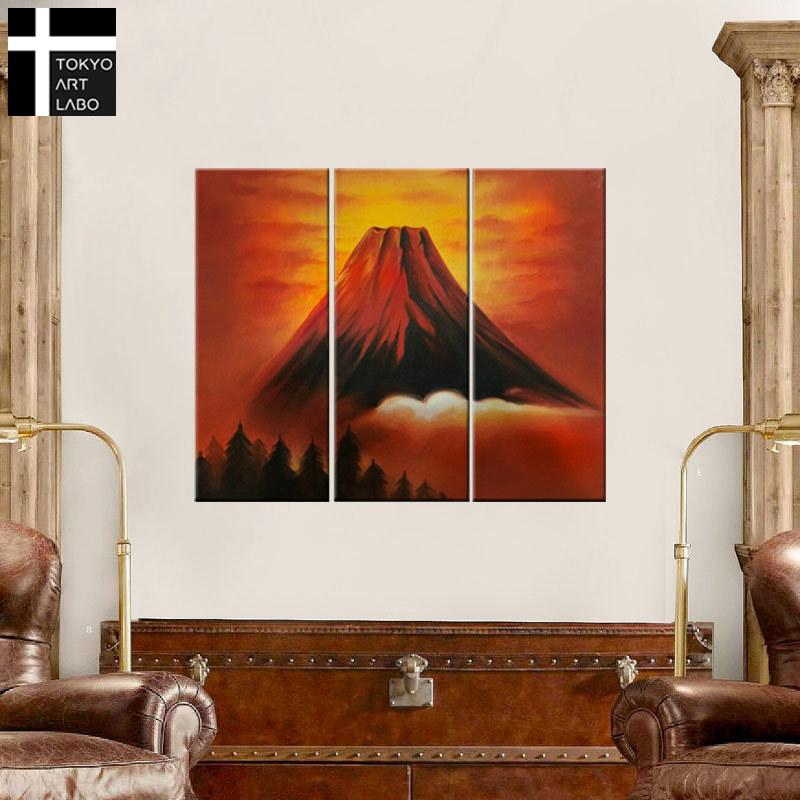 オンライン売れ筋 絵画 富士山 赤富士 3枚組 W600mm おしゃれ 絵 インテリア 壁絵 壁掛け 抽象 油絵 玄関 居間