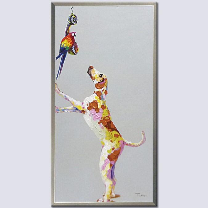 オイルペイント（油彩）アートサイズ：縦約50cm 横約95cm 厚さ 3cm『オウムと犬』 絵画 子犬