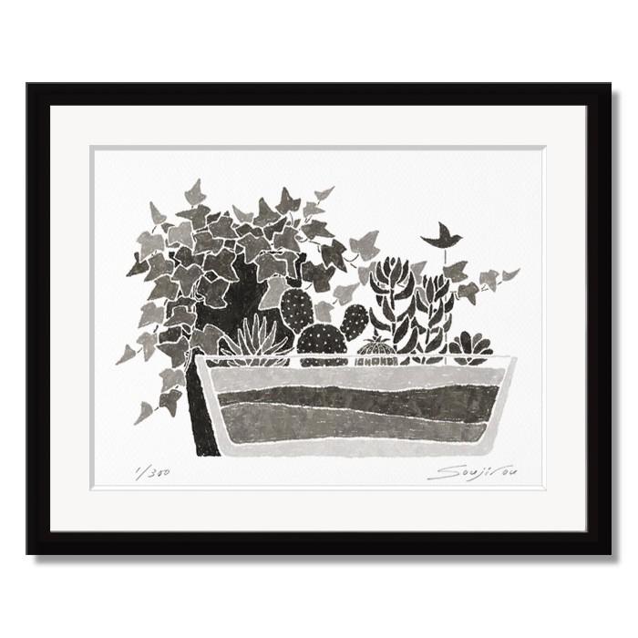 絵画 インテリア「アイビーと多肉植物」おしゃれ 壁掛け 絵 玄関 リビングに飾る絵 床の間 贈り物 フレーム 黒 四切 モノクロ
