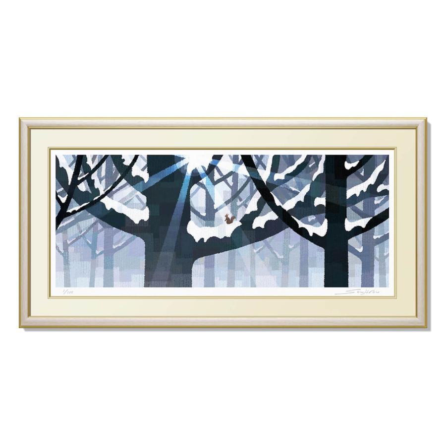「雪の朝」版画 額装 冬景色 風景画 インテリアアート #190-2 冬写真 北海道美瑛街の雪の丘と白樺の木々 インテリア アートポスター